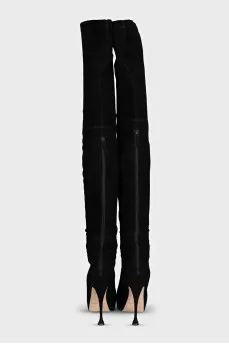 Black suede over-the-knee boots with a zipper
