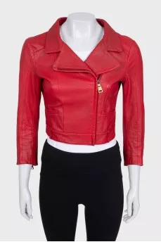 Cropped red leather jacket