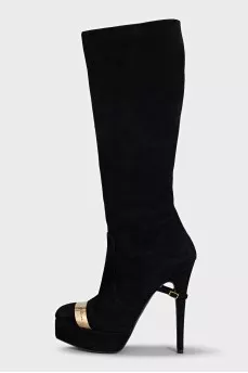 Black suede stiletto heel boots