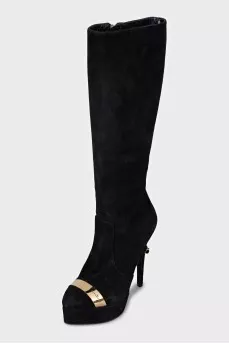 Black suede stiletto heel boots