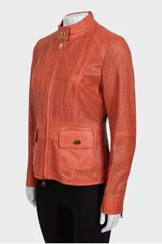 Leather jacket with perforation and zipper