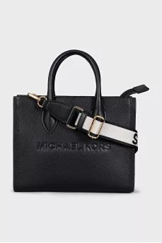 Black tote bag with branded embossing and white strap