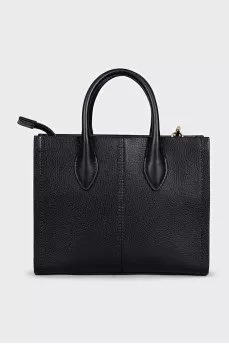 Black tote bag with branded embossing and white strap