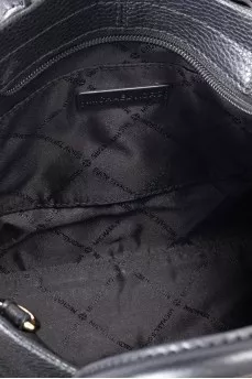 Black tote bag with branded embossing and white strap