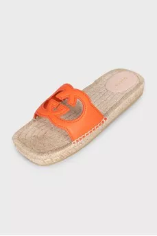 Orange leather and raffia slides