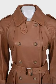 Leather coat with buttons and belt
