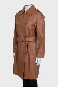Leather coat with buttons and belt