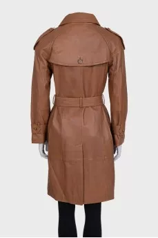 Leather coat with buttons and belt