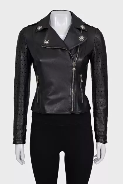 Black leather jacket with perforated sleeves