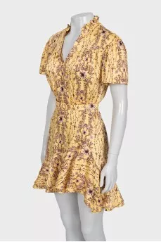 Yellow dress with a floral print belt