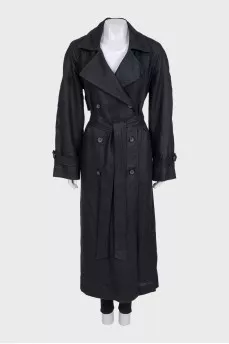 Black double-breasted linen trench coat