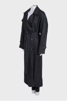 Black double-breasted linen trench coat