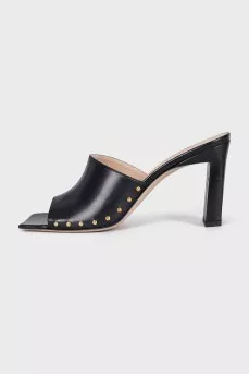 Black mules with gold rhinestones