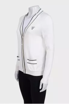 White cardigan with embroidered logo and seam accents