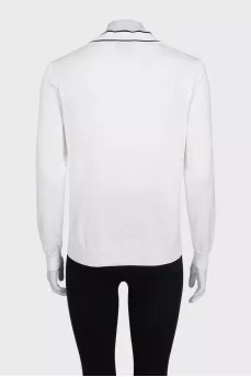 White cardigan with embroidered logo and seam accents