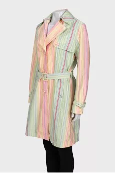 Multicolored trench coat with a belt