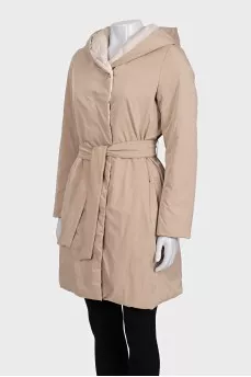 Double-sided down jacket with belt and hood