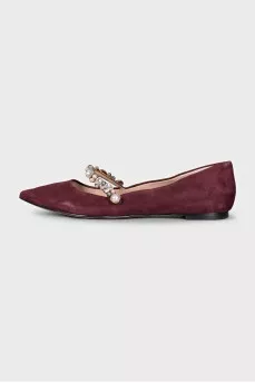 Burgundy suede ballet flats with rhinestones