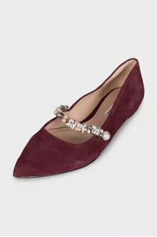 Burgundy suede ballet flats with rhinestones
