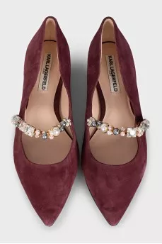 Burgundy suede ballet flats with rhinestones