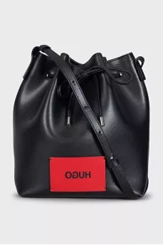 Black leather bucket bag with logo