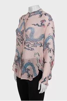 Semi-sheer printed silk blouse
