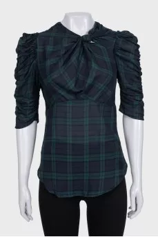 Green blouse with 3/4 sleeves in a checkered print