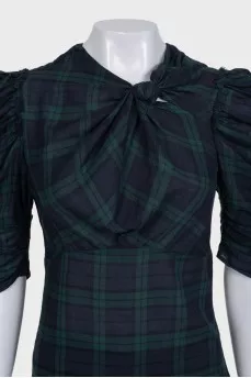 Green blouse with 3/4 sleeves in a checkered print