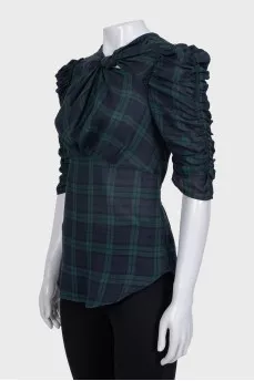 Green blouse with 3/4 sleeves in a checkered print