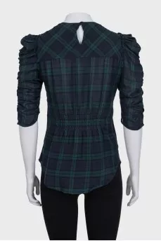 Green blouse with 3/4 sleeves in a checkered print