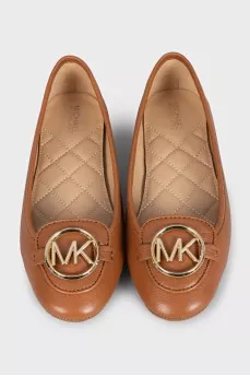 Brown leather ballet flats with brand logo