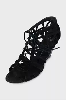 Suede lace-up wedge sandals