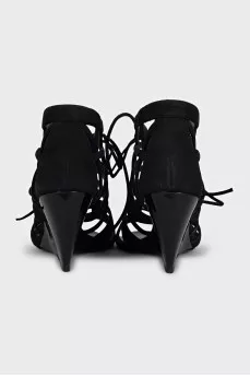 Suede lace-up wedge sandals