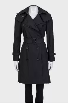 Black trench coat with a straight belt