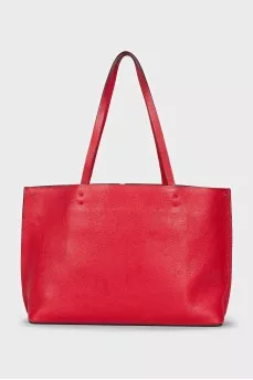 Red leather tote bag with logo