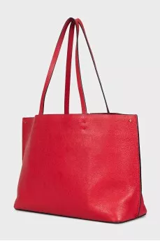 Red leather tote bag with logo