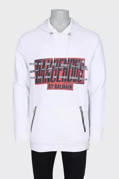Men's white hoodie with a signature print