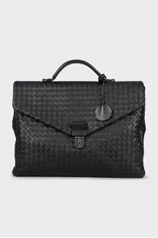 Men's leather briefcase with weaving