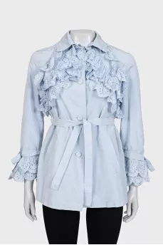 Blue cropped coat with ruffles