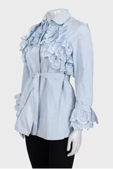 Blue cropped coat with ruffles