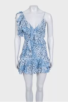 Blue sundress with ruffles in animal print