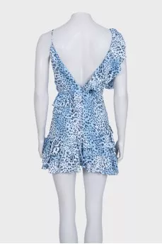 Blue sundress with ruffles in animal print