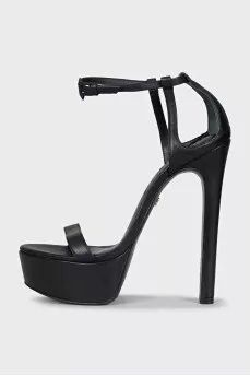 Black leather high-heeled sandals