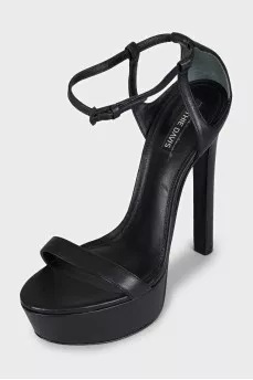Black leather high-heeled sandals