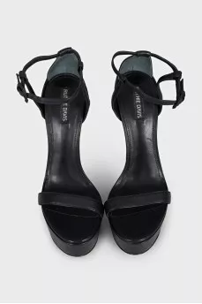 Black leather high-heeled sandals