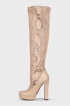 Beige boots with snakeskin insert