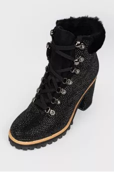 Black boots with rhinestones and fur