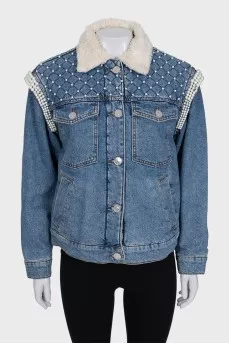 Denim jacket with fur and decor