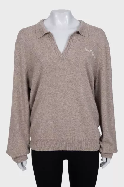 Brown cashmere pullover with embroidered logo