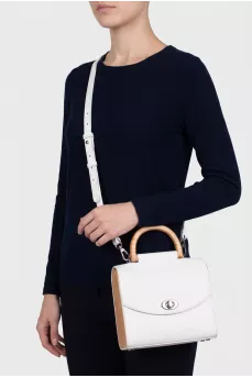 Leather satchel with wooden inserts
